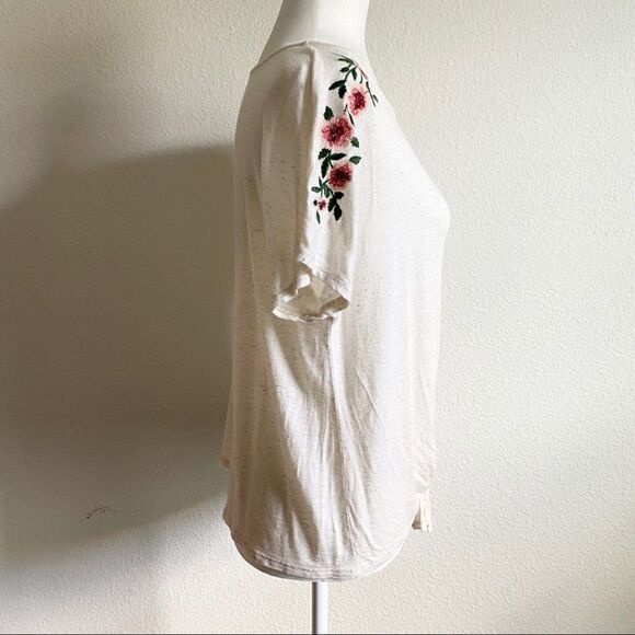 W5 Off White Front Tie Floral Embroidery Short Sleeve Top Stretch Relaxed M boho - Picture 7 of 8